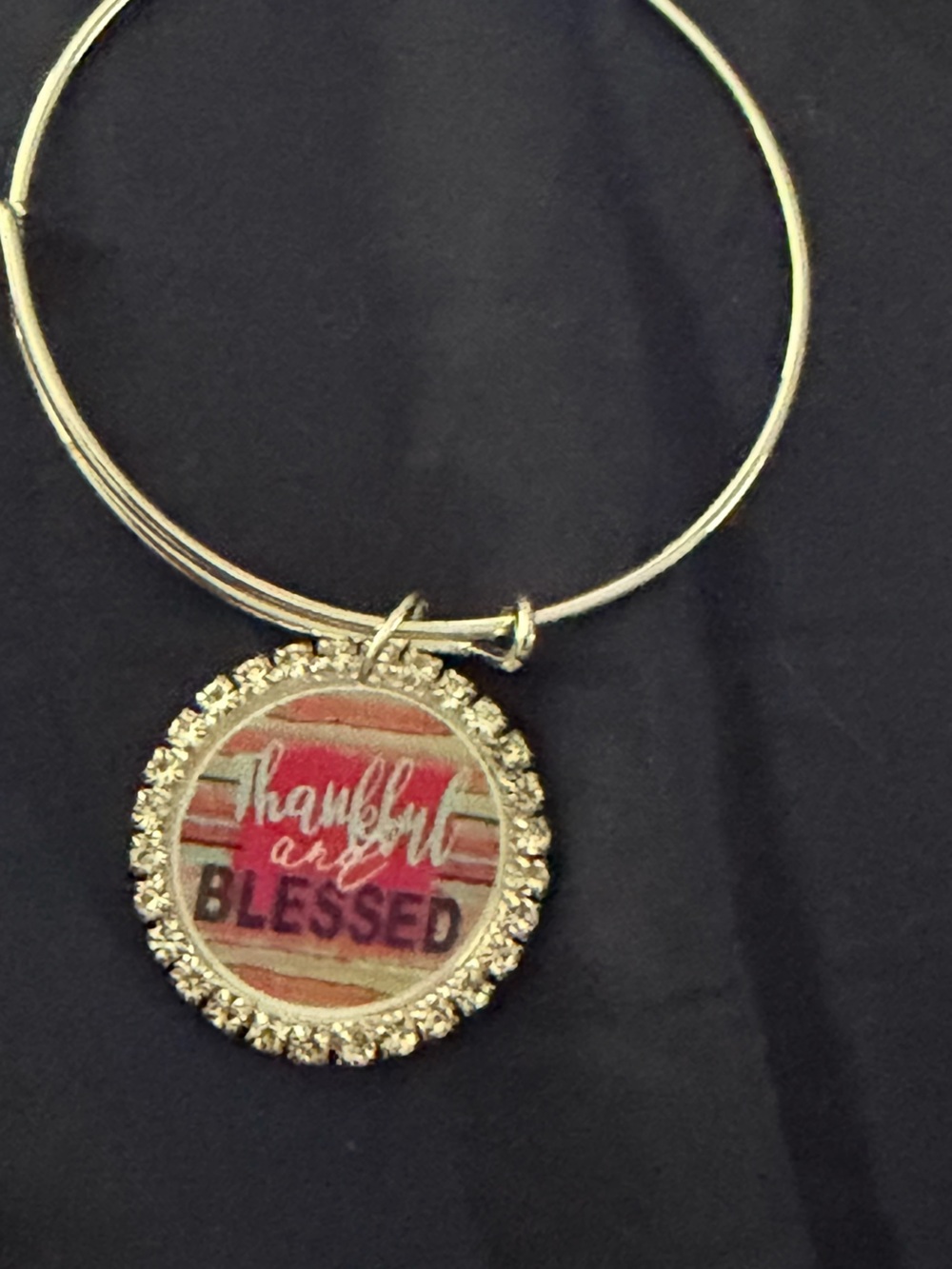 Silver Bangle Bracelet with 'Thankful and Blessed' Pink Charm